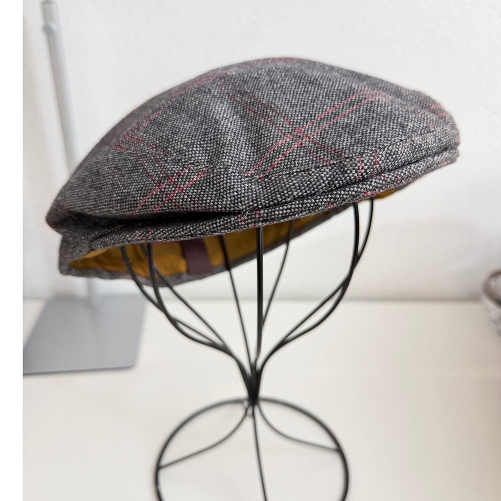 Shandon Grey Plaid Flat Cap Irish Newsboy Hat Wool Blend Red Windowpane 7 1/4 59